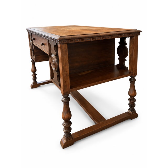 Wood Early 20th Century Maddox Jacobean Revival Wooden Library Table Writing Desk For Sale - Image 7 of 9