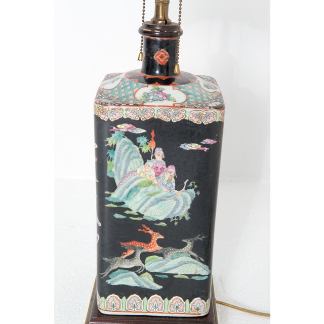 1950s Asian Chinoiserie Ceramic Table Lamp, Black with Scenic Design For Sale - Image 13 of 13