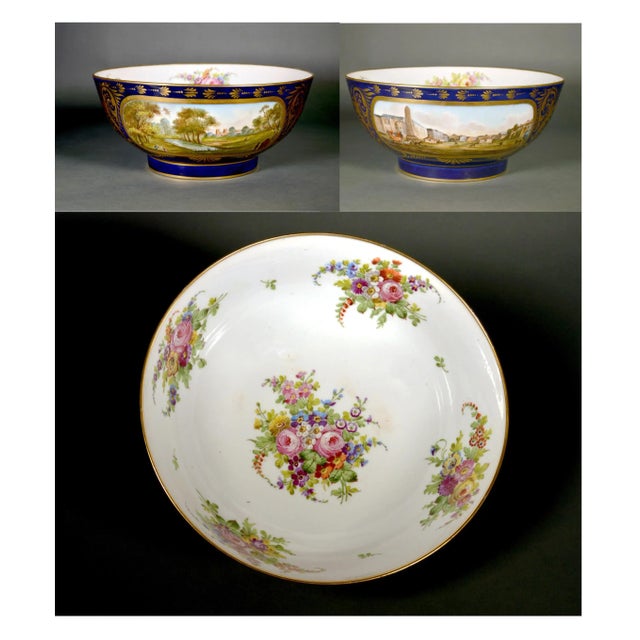 French Porcelain Mazarine Blue-Ground Punch Bowl With London View and Botanical Interior For Sale - Image 12 of 12