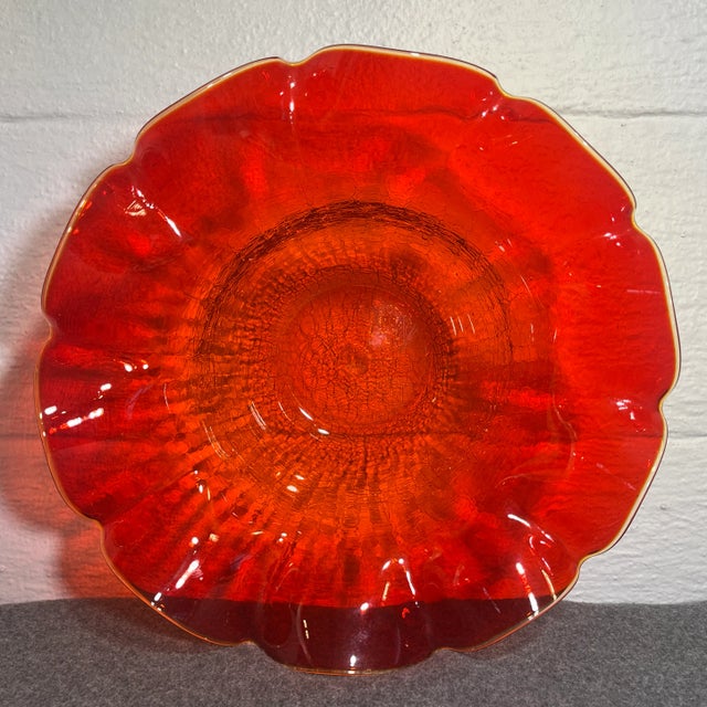 Bright & firey orangish red crackled glass bowl with ruffled rim attributed to Blenko Glass Company. I love the thin, but...