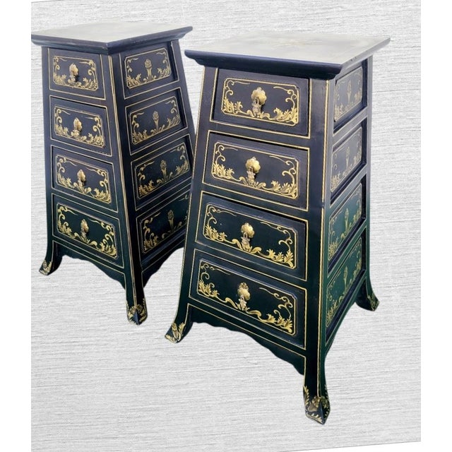 Black and Gold 4 Drawer Pyramid Graduated Dorothy Draper Style Hollywood Regency Side Tables- a Pair For Sale - Image 11 of 13