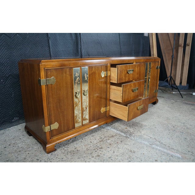 Mid-Century Fancher Chinoiserie Campaign Walnut Smoked Glass Buffet Credenza MCM For Sale - Image 12 of 18
