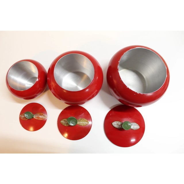 Mid-Century Modern 1960s Spun Aluminum Red Apples Canister Set For Sale - Image 3 of 10
