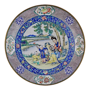 Early 19th Century Boys at Play Famille Rose Chinese Canton Enamel on Copper Alloy Quianlong Period Dish / Plate