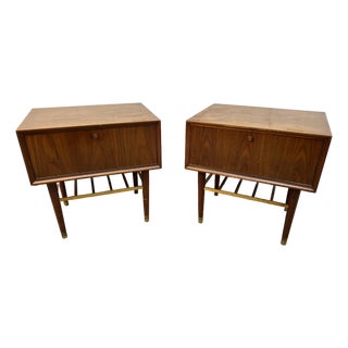 Mid-Century Walnut and Brass Night Stands by Furnette Furniture Company For Sale