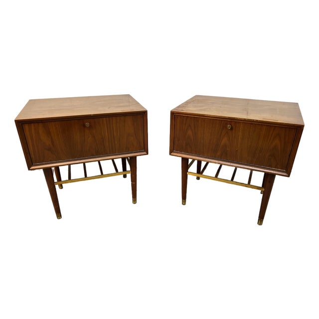 Mid-Century Walnut and Brass Night Stands by Furnette Furniture Company For Sale