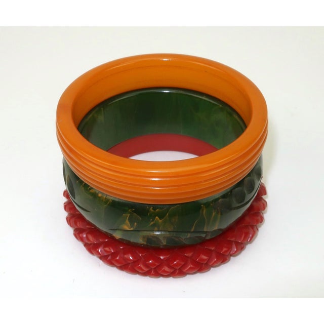 Bakelite Style 1940's Carved Bangle Bracelets, Set of 3 For Sale - Image 10 of 11