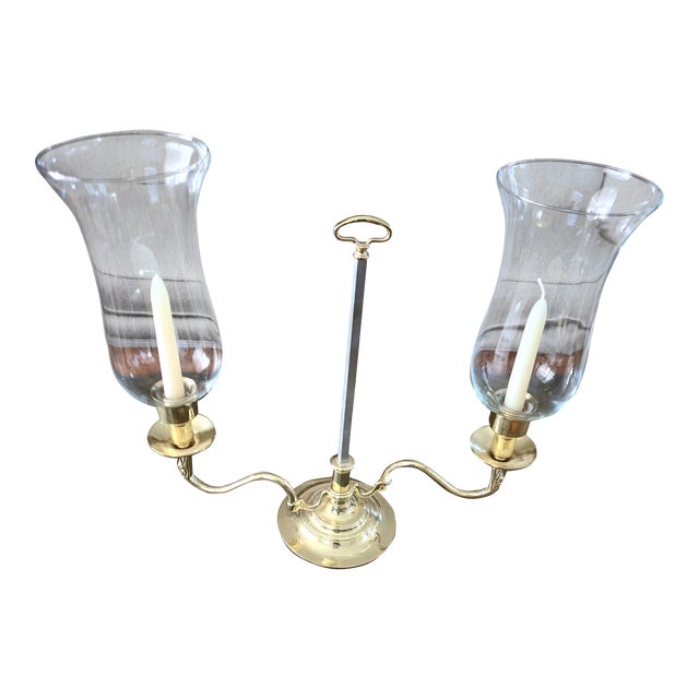 1980s Baldwin Brass Traditional Solid Brass Lacquered Candleabra With Glass Chimneys For Sale