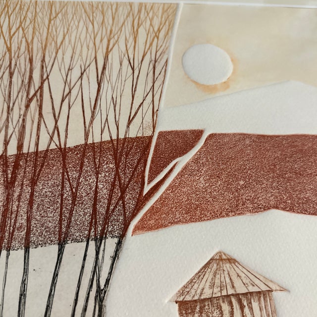 Vintage Print by Artist Martin Tobias, Last Rays of Summer, Framed Farm Landscape in Rust Tones Intaglio Plate For Sale - Image 6 of 9