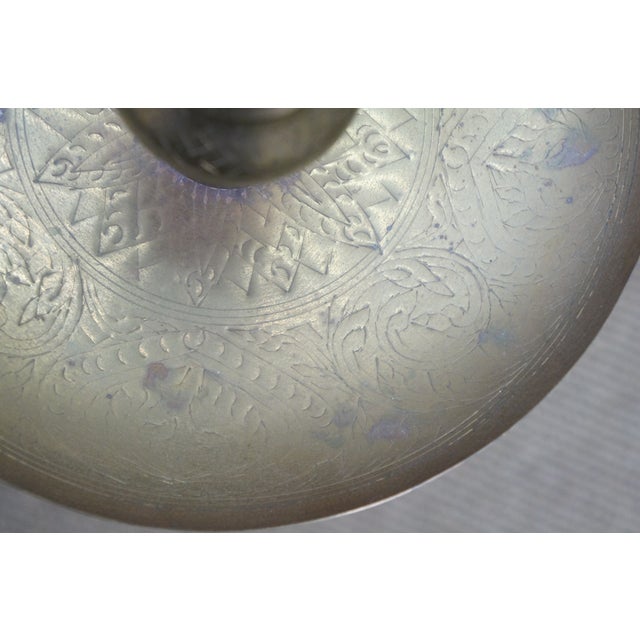 Mid 20th Century 2 Moroccan Etched Brass Altar Floor Candlesticks Candle Holders 36" For Sale - Image 11 of 13