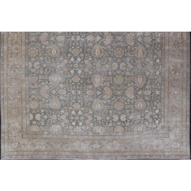 Early 20th Century Antique Distressed Tabriz Rug in Teal, Tan, Light Brown 9'8" X 12'5" For Sale - Image 5 of 13