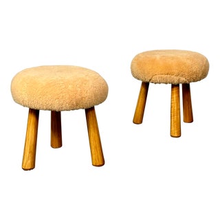 Pair of Contemporary Scandinavian Modern Style Honey Sheepskin Stools / Ottomans For Sale