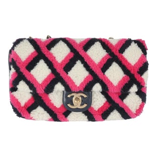 Fuchsia Navy White Shearling Lambskin Emoticon Single Flap Bag For Sale