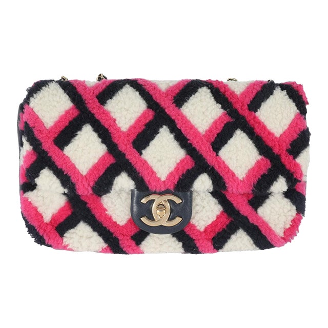 Fuchsia Navy White Shearling Lambskin Emoticon Single Flap Bag For Sale