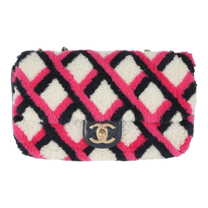 Fuchsia Navy White Shearling Lambskin Emoticon Single Flap Bag