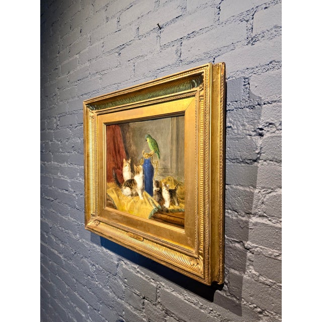Louis Eugène Lambert- Four Cats Playing W/a Parrot- 19th Century Oil Painting For Sale - Image 11 of 13
