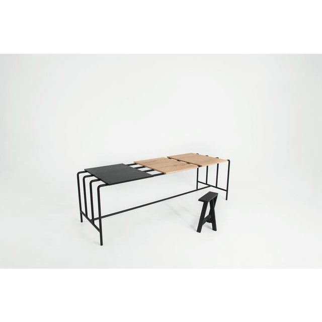 Abacus table by Pierre-Emmanuel Vandeputte Dimensions: 240 x 75 x 80 cm (8 pers.) with 4 plates Materials: steel, wood...