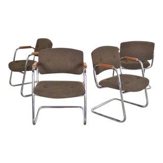 Set 4 Cantilever Armchairs Chrome and Brown W/ Wood Arms Style of Steelcase or Pollock 1970 For Sale