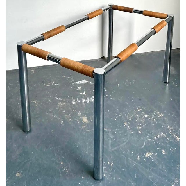Contemporary Vintage Polished Chrome and Rattan Dining Table For Sale - Image 3 of 12