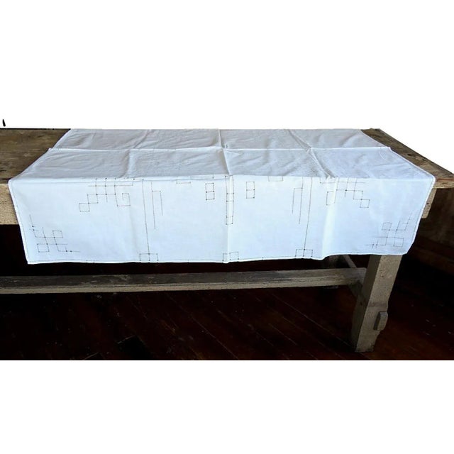 Vintage mid 20th century cotton openwork white and pale blue luncheon tablecloth and 5 napkins. Geometric pulled thread...