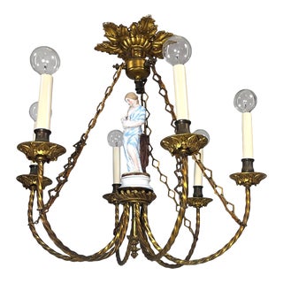 Early 20th Century Gilt 6 Arm Meissen and Sevres Chandelier Featuring Aphrodite and 2 Doves For Sale