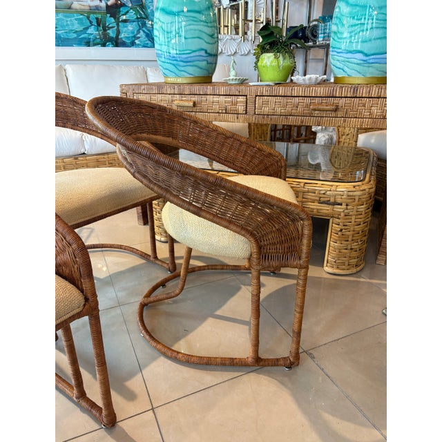Vintage 5 Pc. Rattan Wicker Dining or Game Table & Barrel Chairs Set For Sale - Image 10 of 12