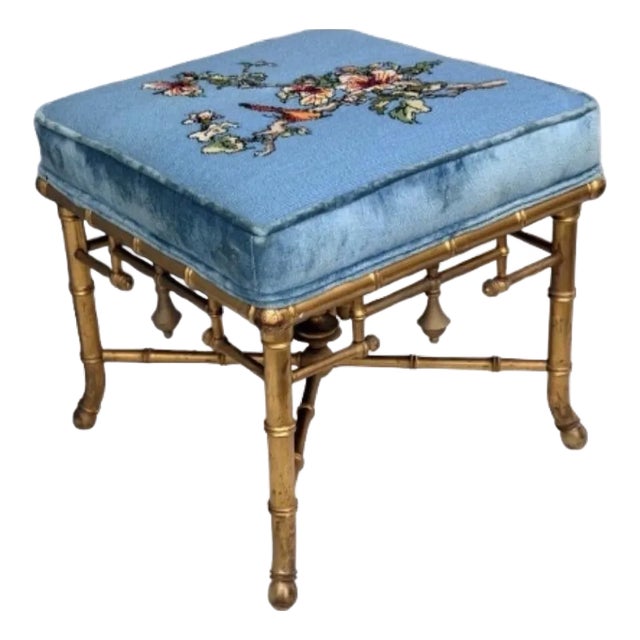 Late 19th Century French Chinoiserie Faux Bamboo Ottoman Stool With Antique Gilt Finish and Needlepoint Upholstery For Sale