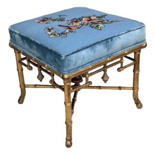 Late 19th Century French Chinoiserie Faux Bamboo Stool with Antique Gilt Finish and Needlepoint Upholstery For Sale