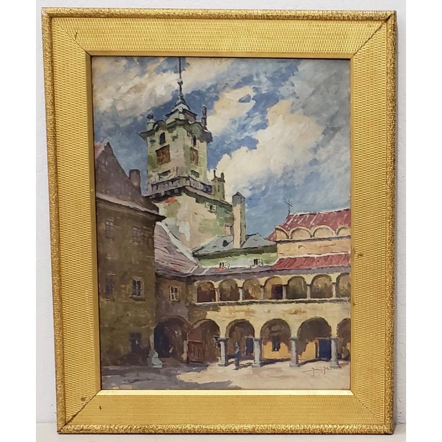 Jiri Herman Oil on Paper Southern European Courtyard With Arched Walkway For Sale - Image 9 of 9