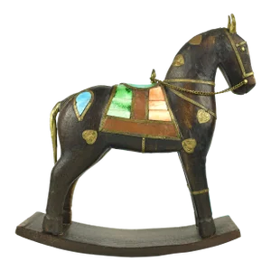 Late 20th Century Solid Wood Carved Rocking Horse Embellished With Copper and Brass Accents Figurine