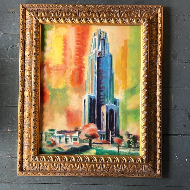 Wood 1970’s Original Modernist Painting Tower of Learning Pittsburgh Ornate Frame For Sale - Image 7 of 7