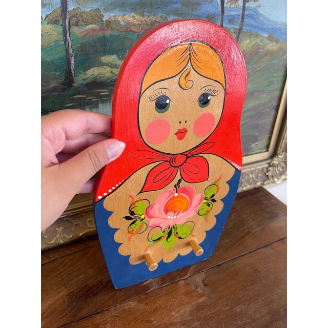 Folk Art Vintage Hand-Painted Matryoshka Wooden Wall Hook Rack For Sale - Image 3 of 9