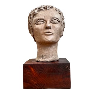 Vintage Plaster Head Sculpture on Wood Base For Sale