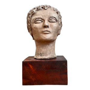 Vintage Plaster Head Sculpture on Wood Base