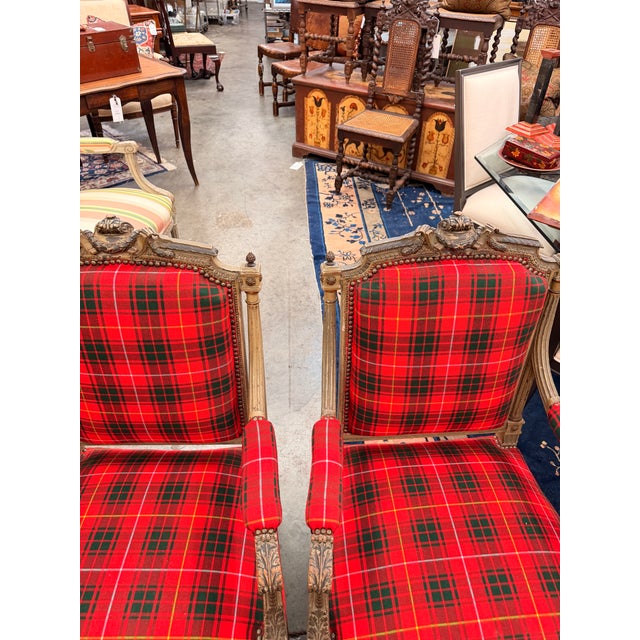 Wood Pair Antique Carved Red Tartan Arm Chairs For Sale - Image 7 of 10