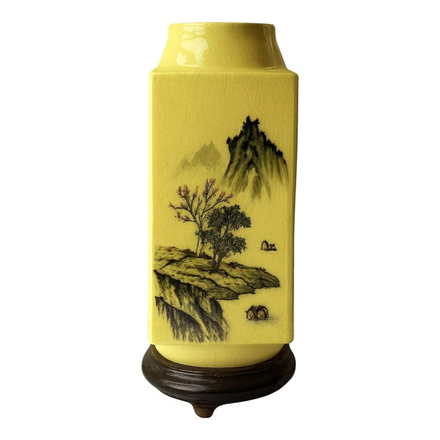 Vintage Chinese Yellow Porcelain Vase With Painted Mountains & Inscription – Attached Wood Base – 11¼” For Sale