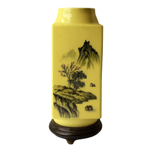 Vintage Chinese Yellow Porcelain Vase With Painted Mountains & Inscription – Attached Wood Base – 11¼”