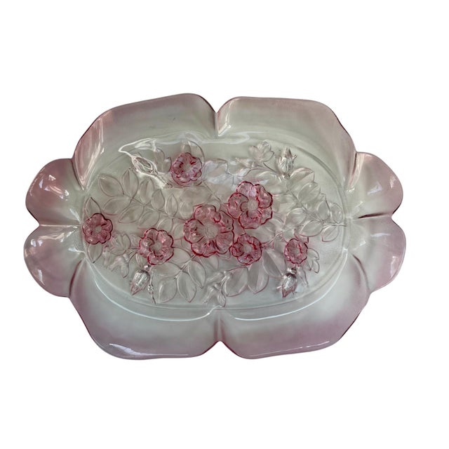 Gorgeous Mikasa pink frosted glass serving tray or platter featuring an embossed or etched floral design depictingpink...