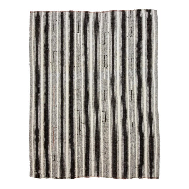 Vintage Black & Gray Striped Kilim Rug- 8′ × 10′2″ For Sale