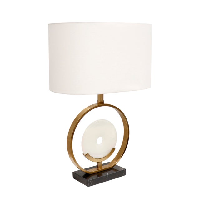 Gold Pasargad Home Sphere Collection White Circular Piece of Marble and Metal Modern Table Lamp with White Shade For Sale - Image 8 of 8