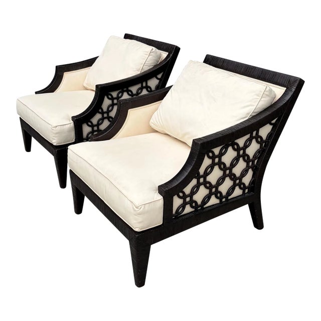 1990s Pair of Wrapped Rattan Quatrefoil Club Chairs Dark Brown For Sale