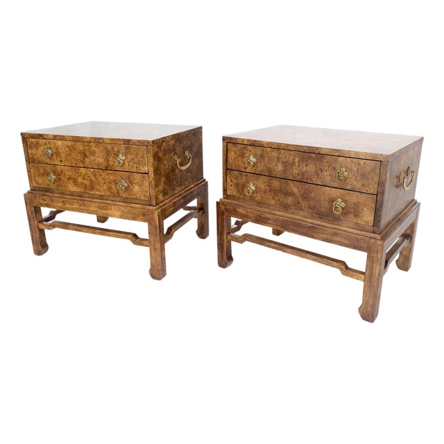 Pair of Burl Asian Campaign Fusion 2 Drawer Night Stands End Table Brass Pulls For Sale