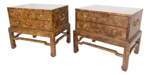 Pair of Burl Asian Campaign Fusion 2 Drawer Night Stands End Table Brass Pulls