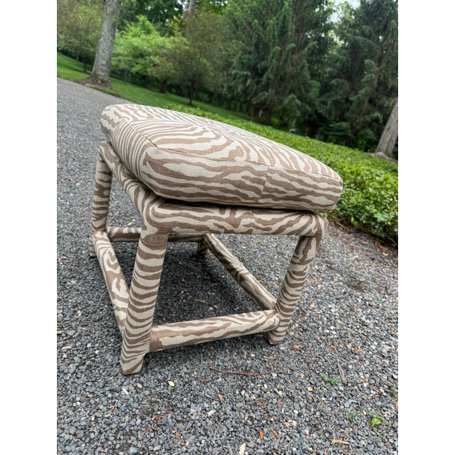 Pair of original Thayer Coggin for Milo Baughman Parsons ottomans newly upholstered in a tan and cream zebra linen fabric....