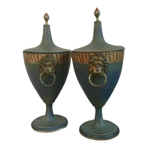 Pair Antique 19th Century English Regency Tole Paint Decorated Pontypool Pewter Chestnut Vase Urns With Lion Mask Ring Handles