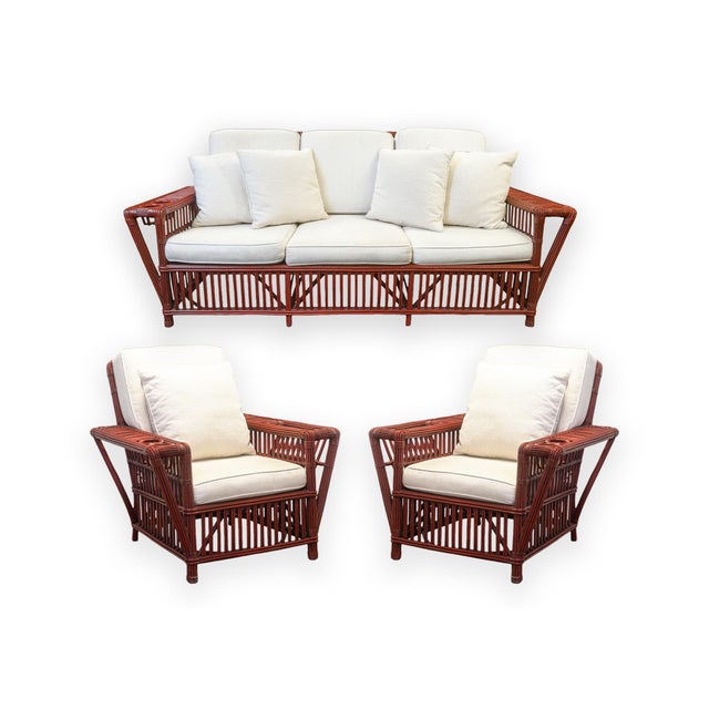 Palecek Vintage Palecek President's Sofa Red Rattan White Cushions Patio Sofa For Sale - Image 4 of 8