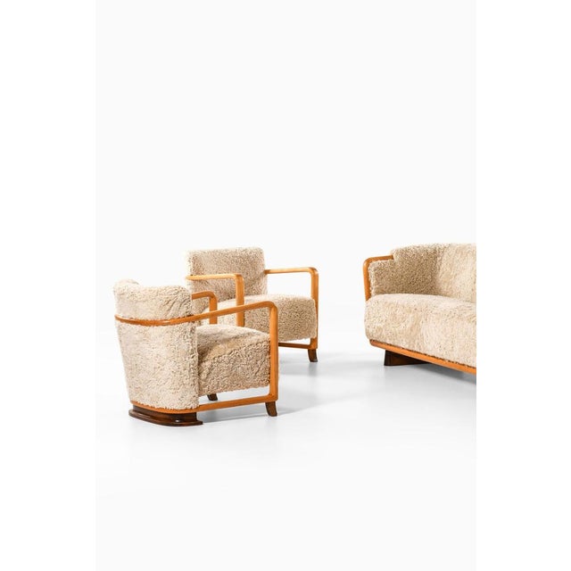 Art Deco Scandinavian Easy Chairs in Birch and Sheepskin, 1930s, Set of 2 For Sale - Image 3 of 11