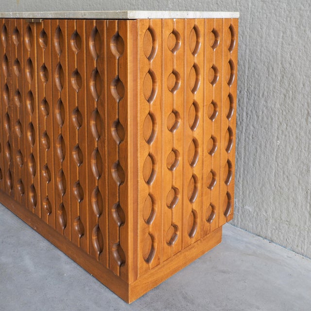 Brutalist Carved Wood Sideboard with Travertine Top For Sale - Image 13 of 17