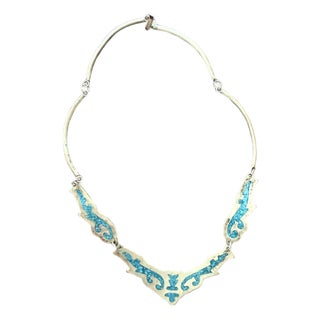Vintage Mexican Alpaca Silver Necklace Turquoise Inlay For Sale