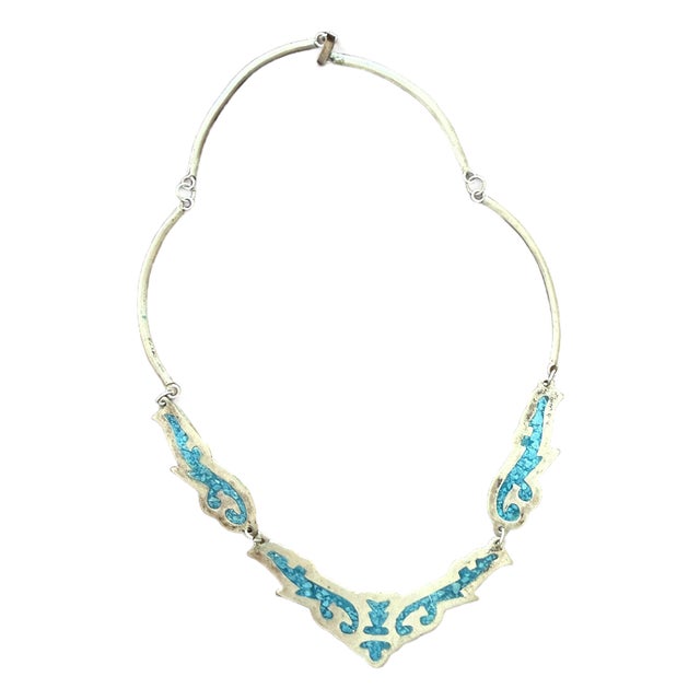 Vintage Mexican Alpaca Silver Necklace Turquoise Inlay For Sale
